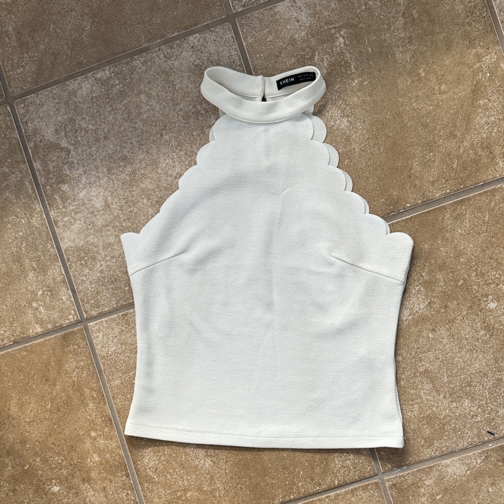 SHEIN white Scalloped Textured High-Neck Blouse size medium